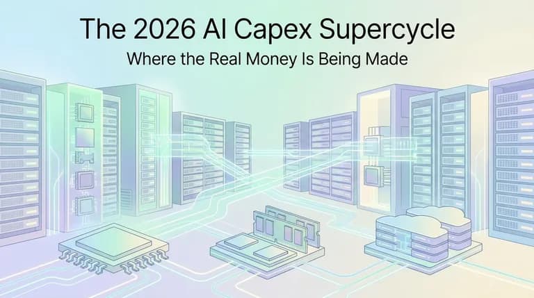 Hyperscale data center with AI servers, GPU racks, power infrastructure, and semiconductor elements connected by glowing data pathways