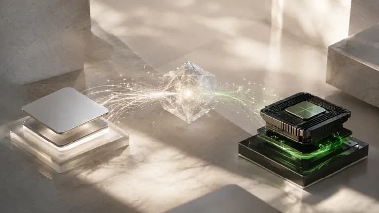 Apple Silicon and NVIDIA GPU-inspired processors facing a glowing AI core, representing the contrast between the two architectures for local AI.