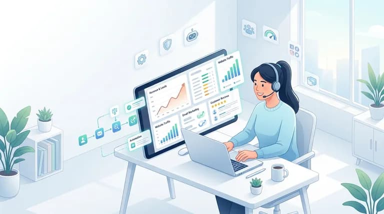 Small business owner using AI-powered digital marketing tools to grow their online presence.