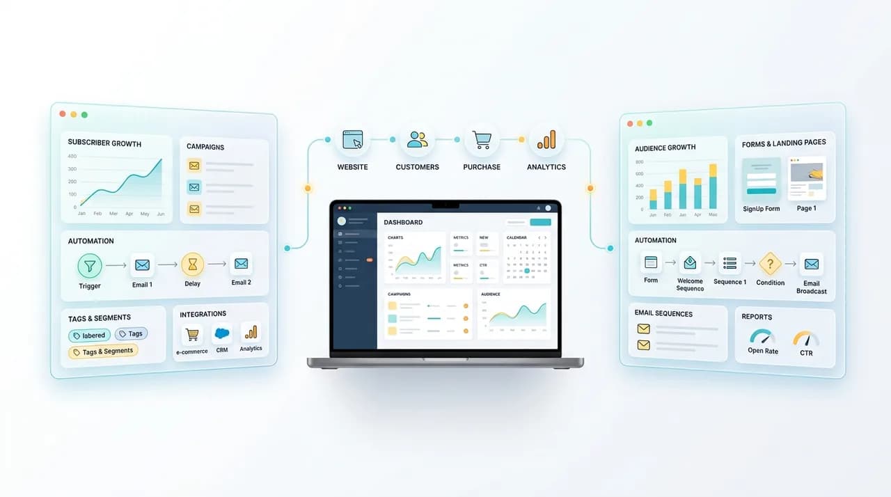 Modern illustration comparing two email marketing platforms with automation, analytics, and subscriber management dashboards.