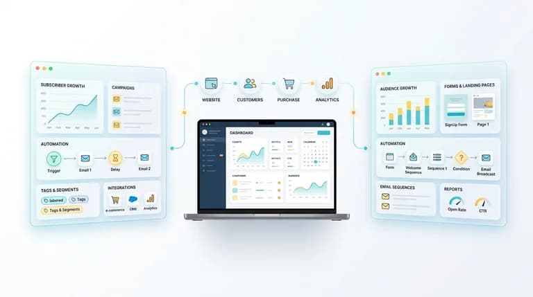 Modern illustration comparing two email marketing platforms with automation, analytics, and subscriber management dashboards.