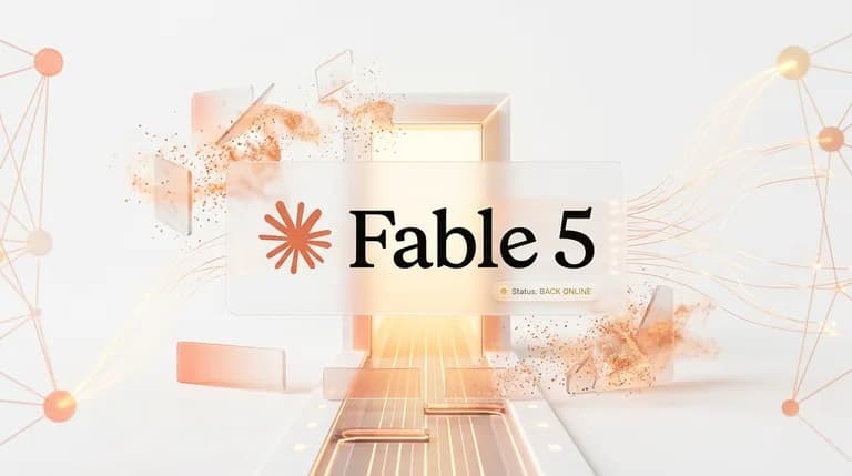 Light-themed futuristic illustration showing Claude Fable 5's return, highlighting advanced AI capabilities, safety upgrades, and enterprise-scale performance.