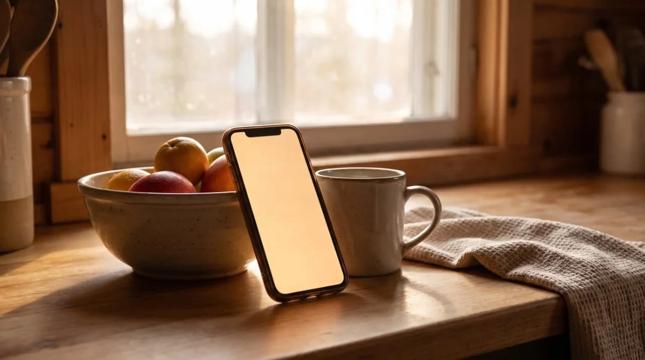 Warm, cozy photograph of a kitchen counter with a phone propped up showing a soft glowing app interface, morning light coming through a window