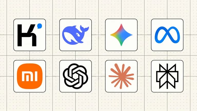 A comparison graphic featuring logos of eight leading AI model companies, including OpenAI, Claude (Anthropic), Kimi, Meta, Perplexity, Xiaomi (Mi), and other major AI providers, displayed in a grid layout.