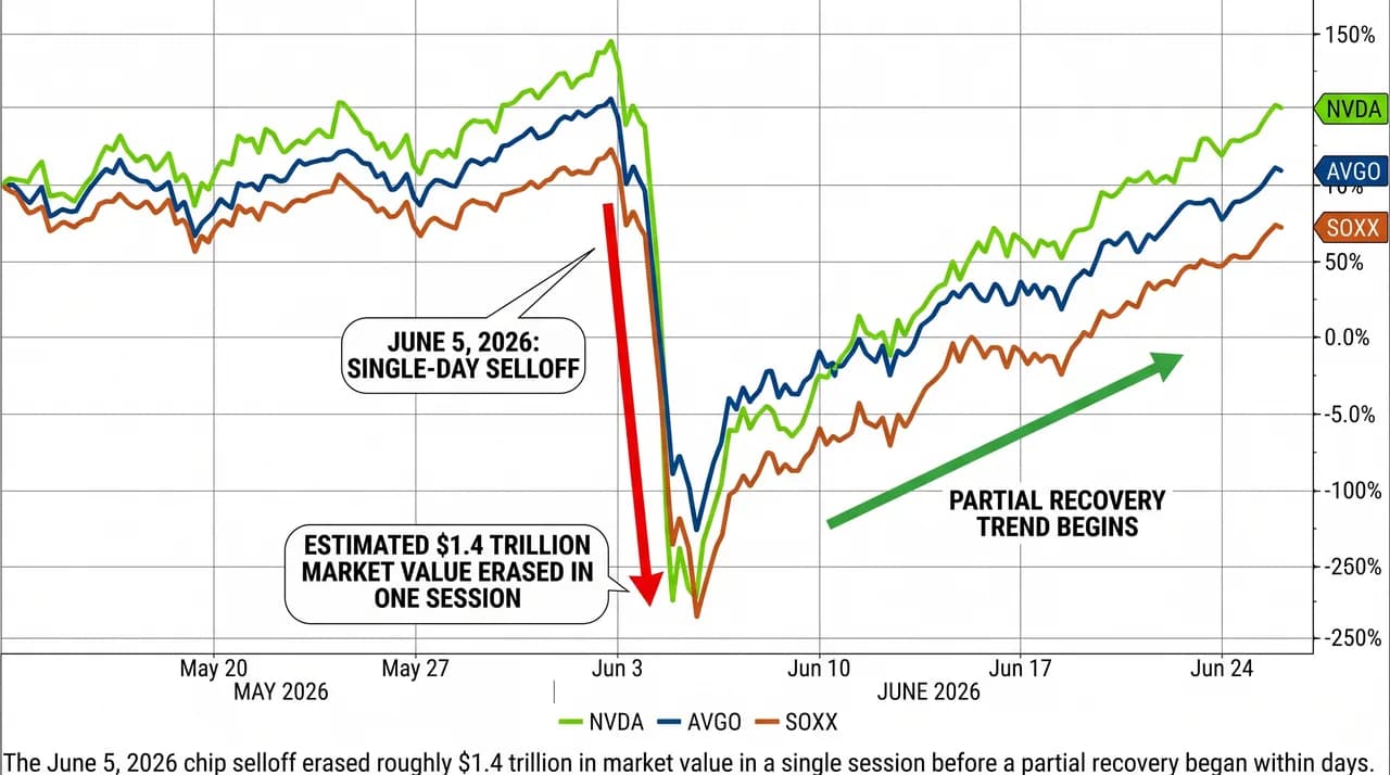 Stock chart showing sharp single-day decline across semiconductor and AI stocks with recovery trend afterward