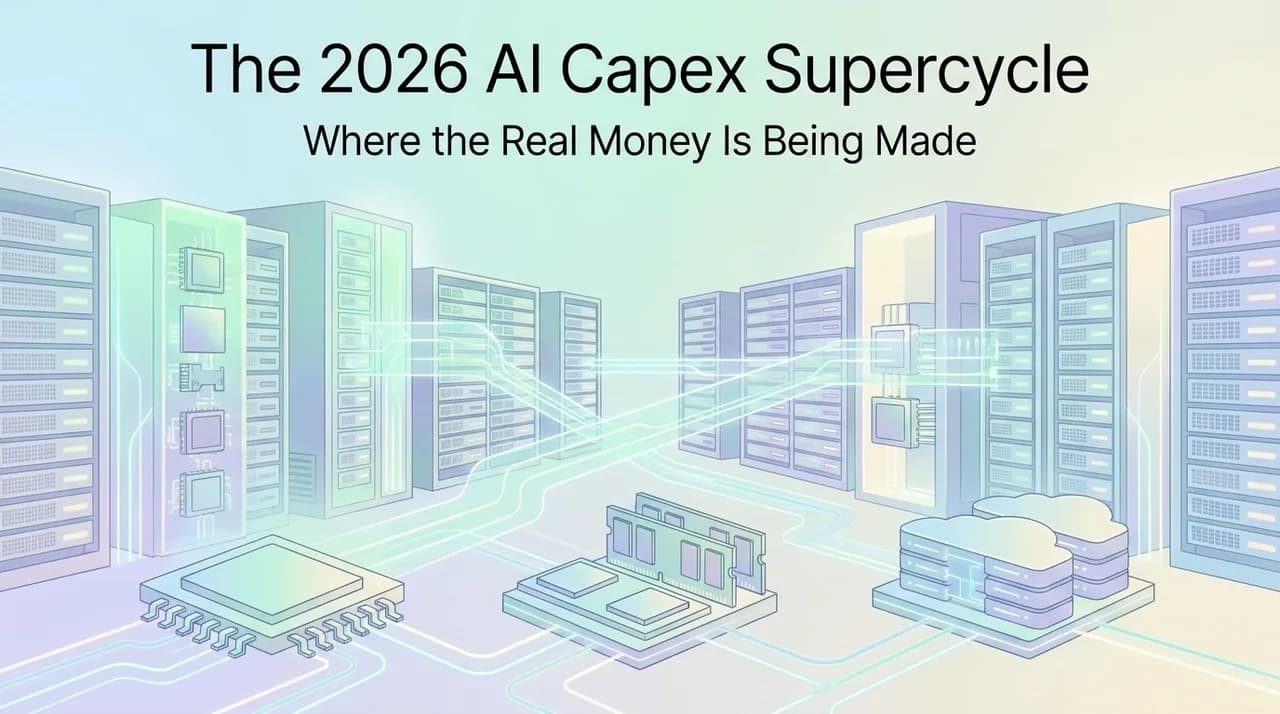 Hyperscale data center with AI servers, GPU racks, power infrastructure, and semiconductor elements connected by glowing data pathways