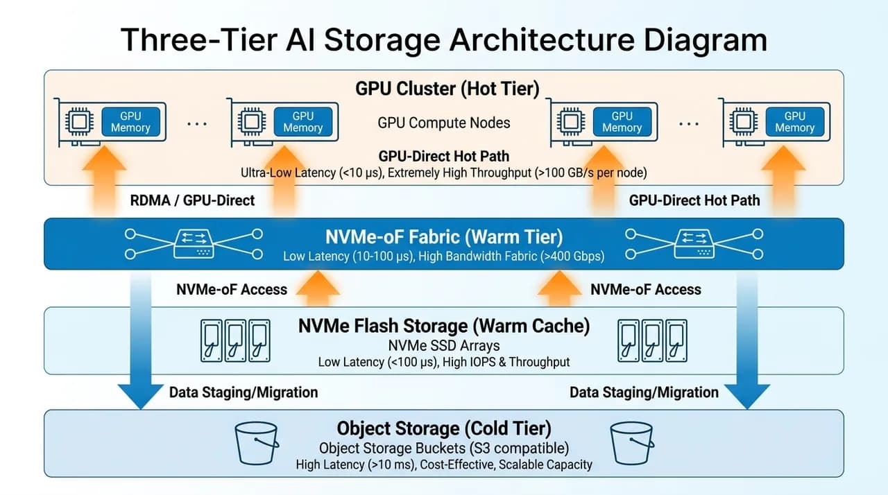 Architecture diagram showing data flow from object storage cold tier to NVMe hot tier to GPU memory via NVMe-oF fabric
