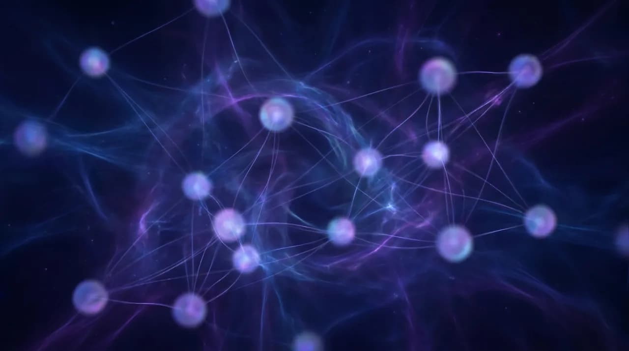 Abstract illustration of interconnected nodes and lines representing a website connected to search, AI, and automation systems