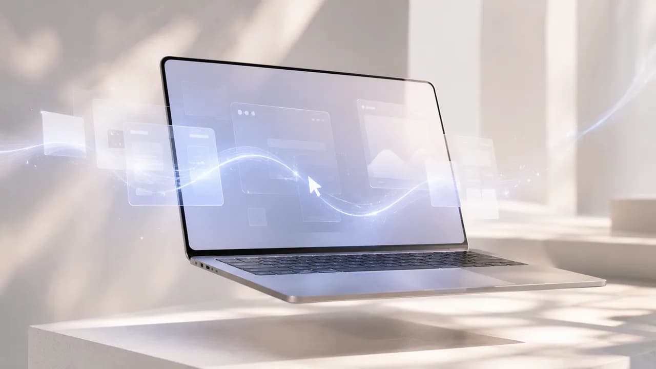 Sleek modern illustration of a computer screen with a soft glowing cursor moving autonomously across a minimalist desktop interface, no visible app branding