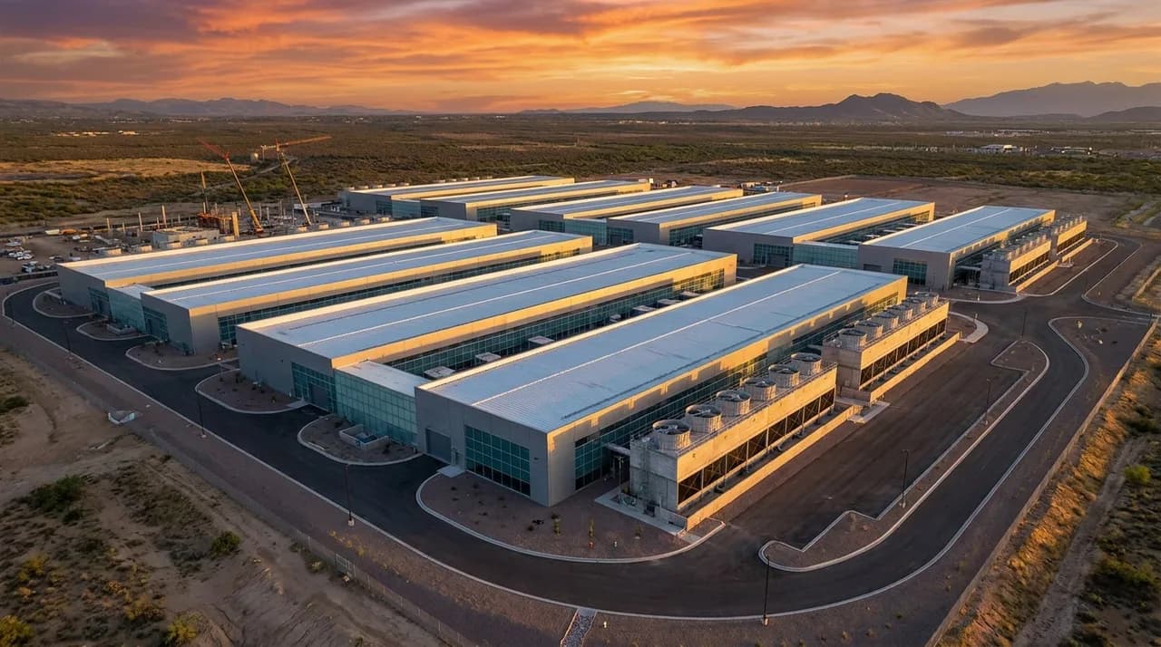 Sweeping aerial photograph of a massive modern data center campus at golden hour with rows of cooling units and server buildings