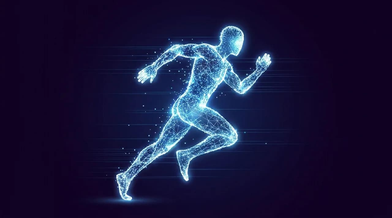 Stylized visualization of a soccer player rendered as a glowing wireframe or particle-based digital avatar mid-motion