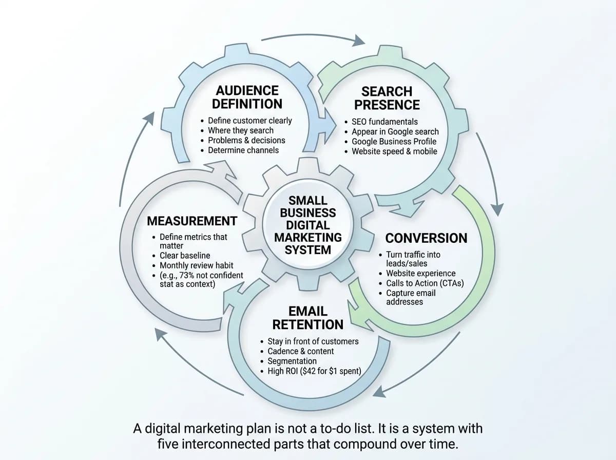 Clean diagram showing the five pillars of a small business digital marketing plan: audience definition, search presence, conversion, email retention, and measurement