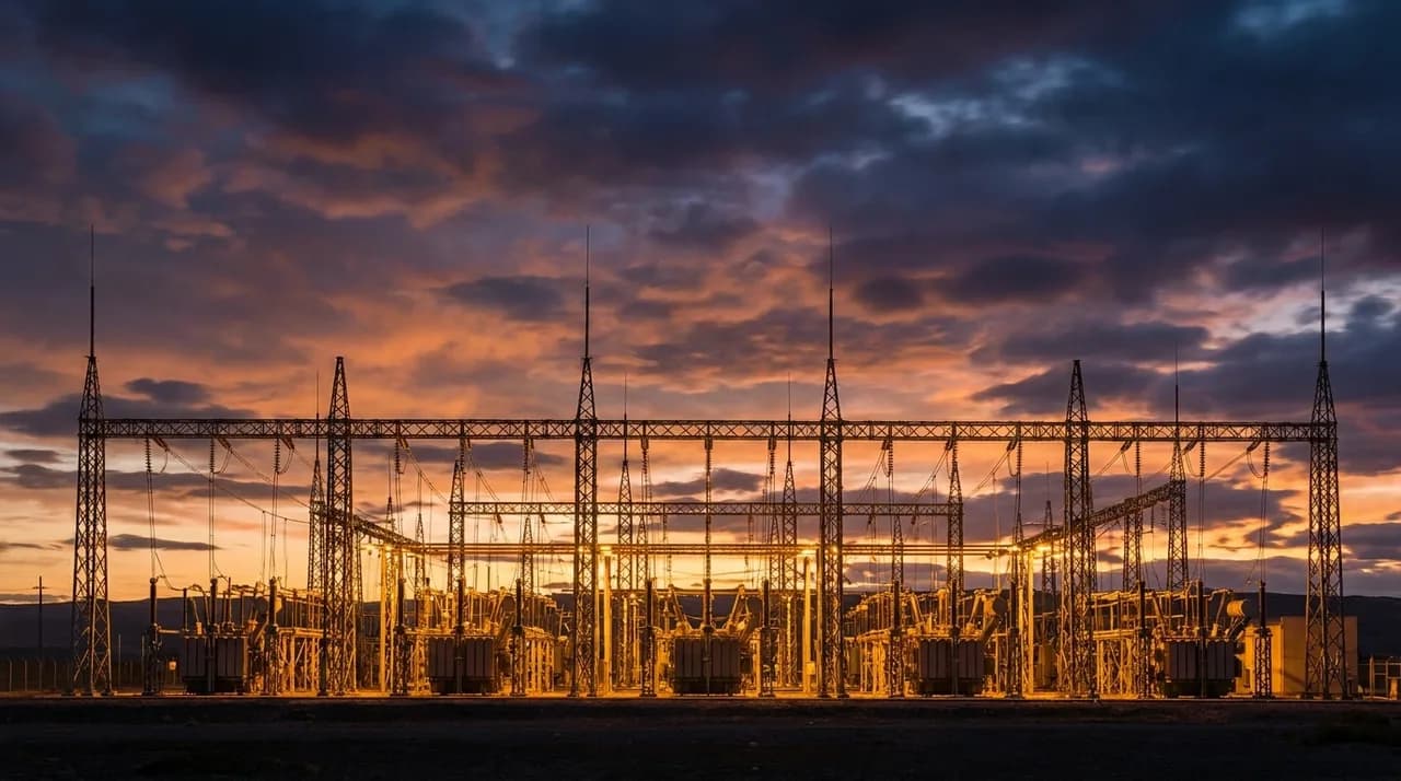 Photograph of large industrial power turbines and electrical substation infrastructure against a dramatic sky