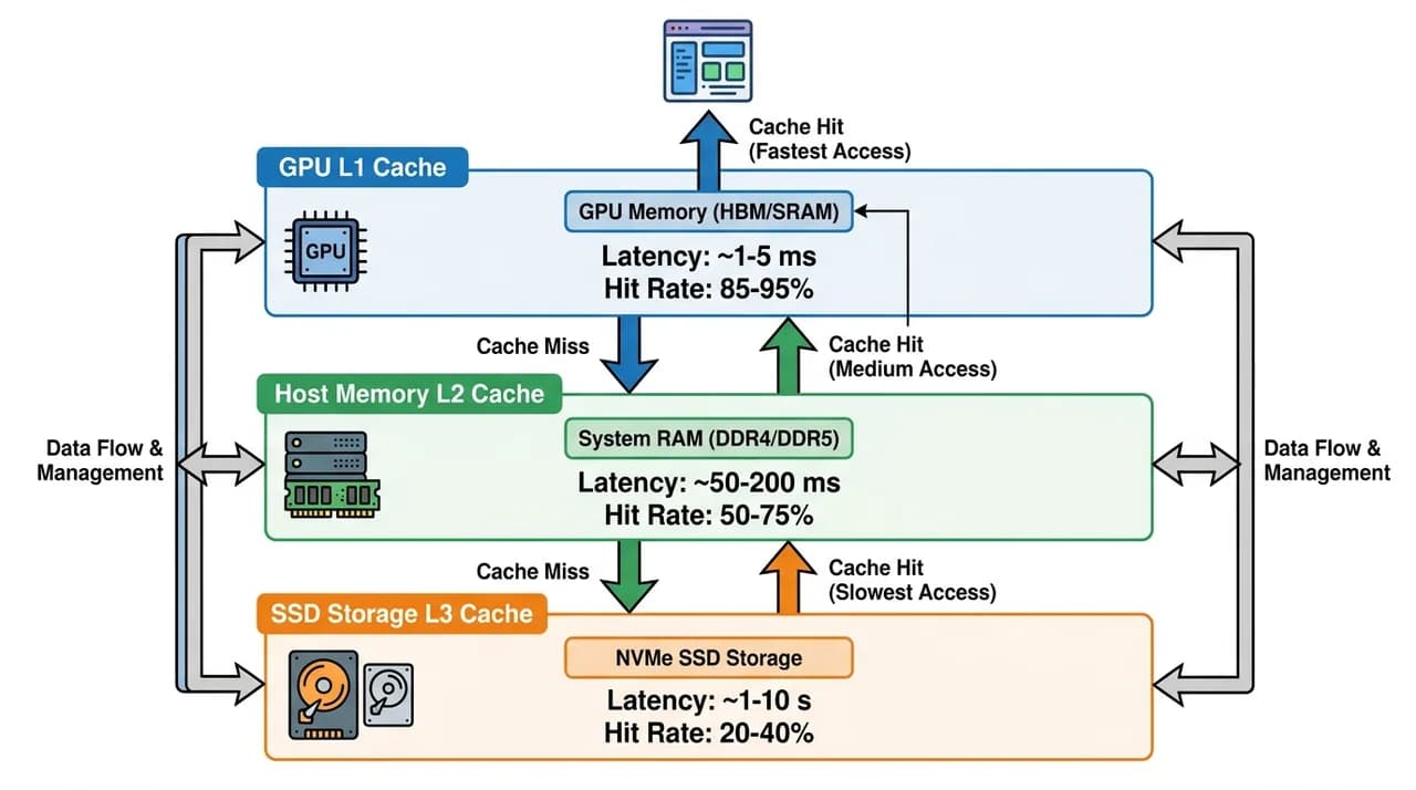 Diagram showing KV cache hierarchy across GPU memory, host memory, and SSD storage with cache hit rates labeled