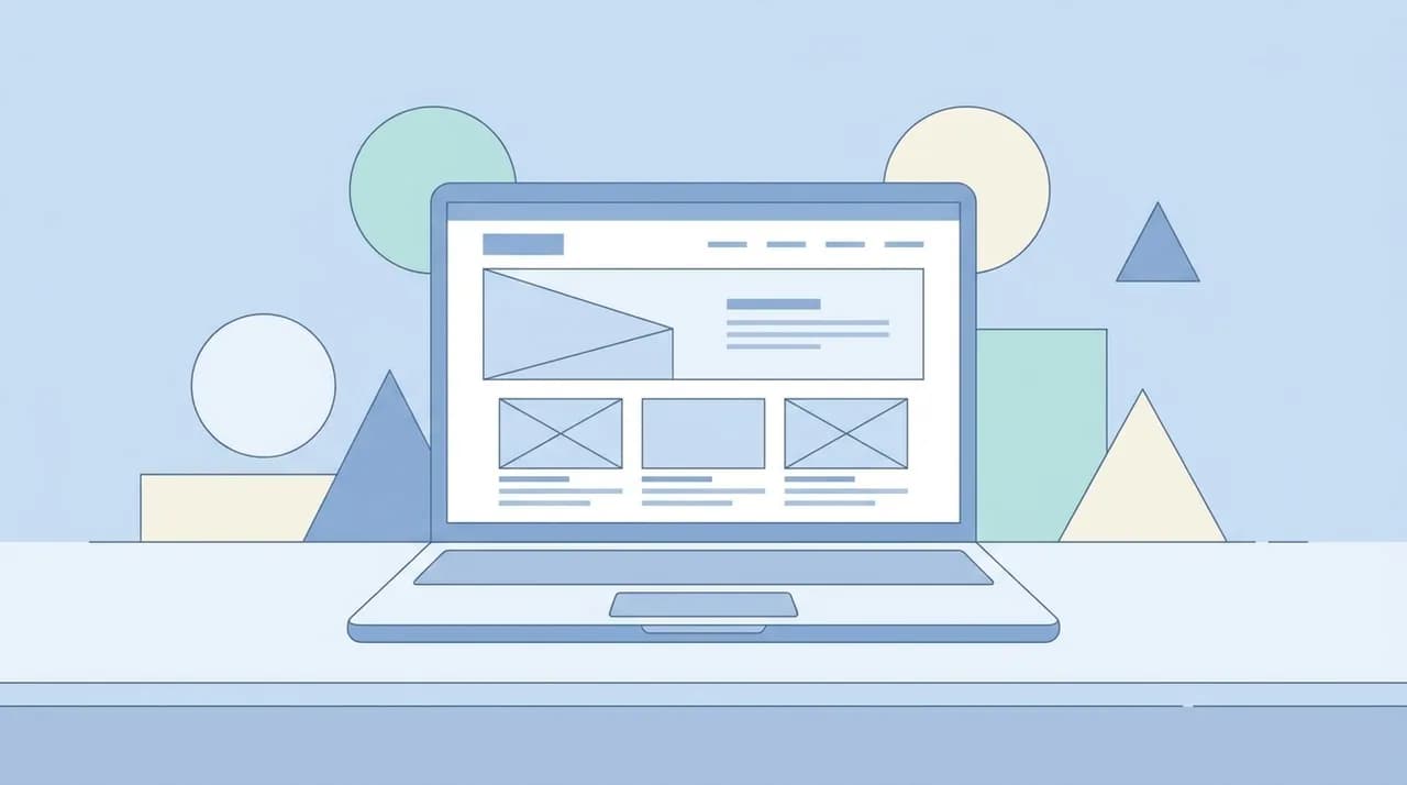 Clean, modern illustration of a laptop displaying a website wireframe with soft geometric shapes and subtle blue accent lighting