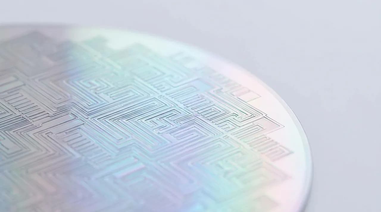 Close-up macro photograph of a silicon wafer with visible circuit patterns reflecting colorful light