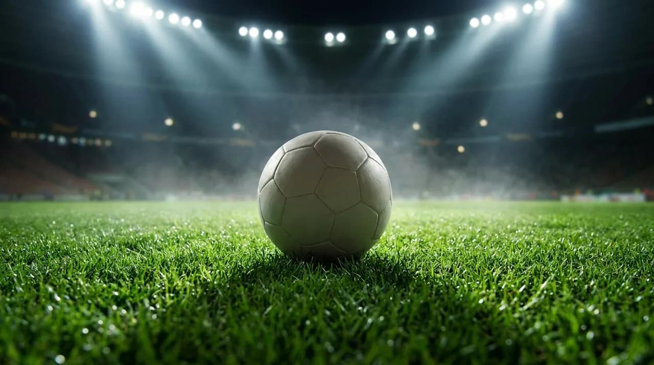 Close-up photograph of a modern soccer ball on a bright green pitch under stadium floodlights, dramatic angle