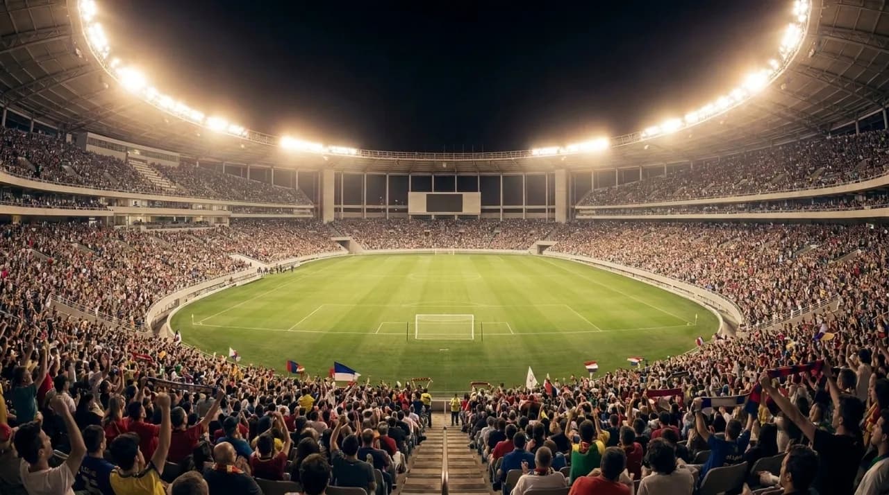 Wide interior photograph of a massive modern stadium filled with fans, dramatic stadium lighting, aerial or elevated perspective