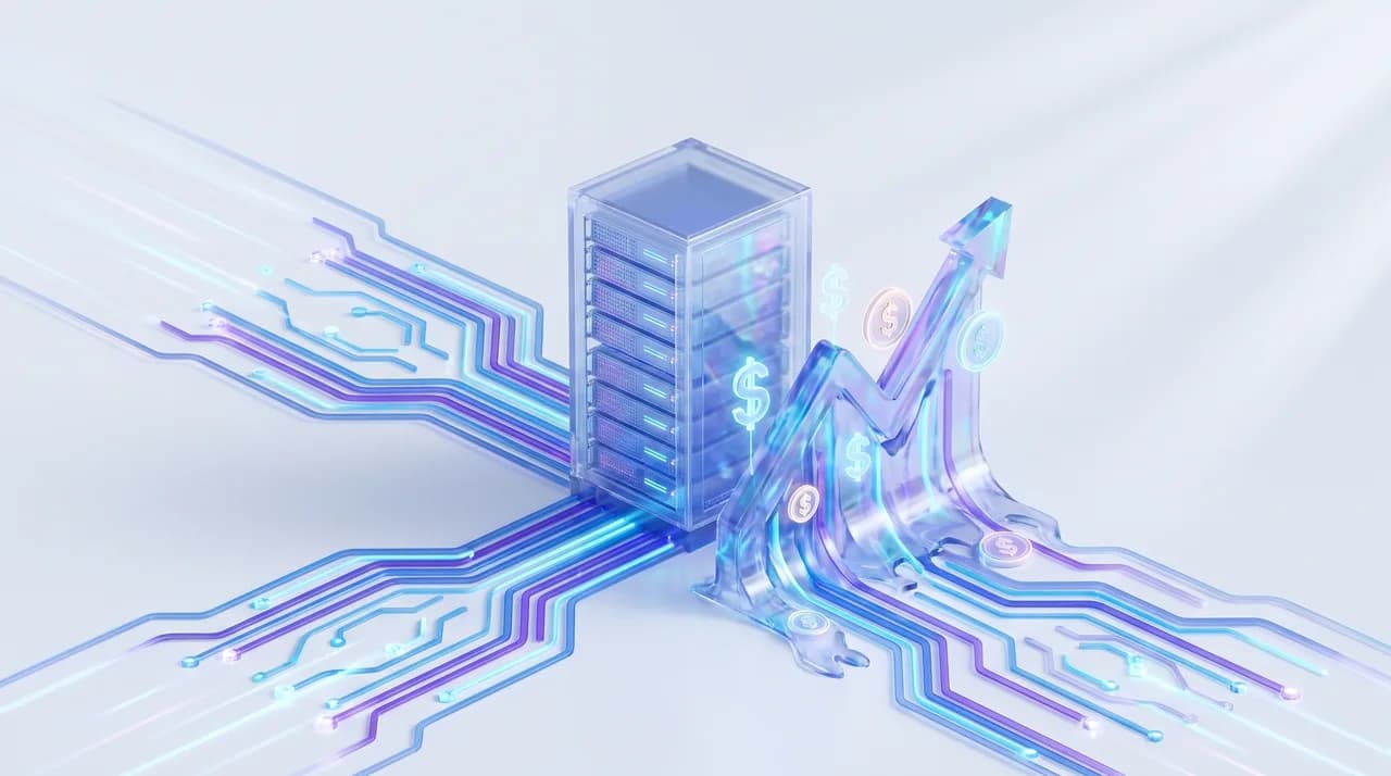 A close-up of a glowing server rack with a bold upward-trending cost graph, dollar signs rising alongside the curve