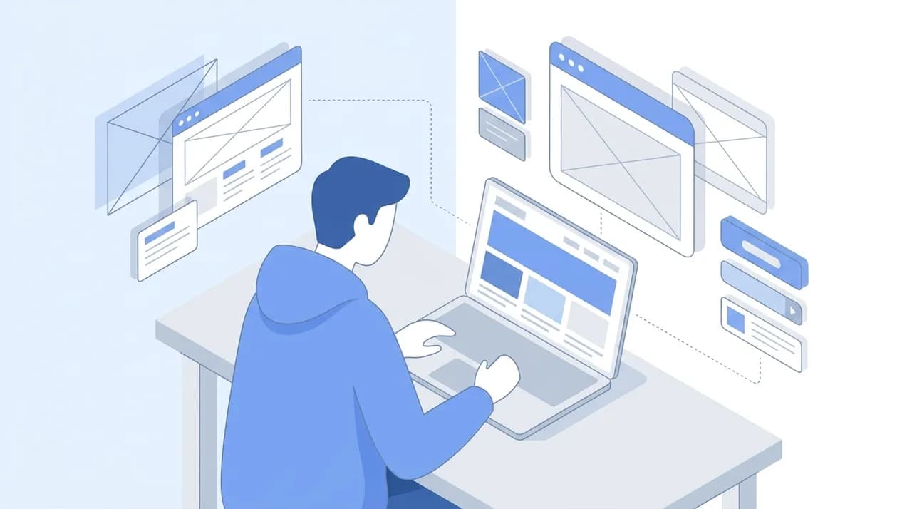 Flat-design illustration of a web developer creating a responsive website on a laptop with floating wireframes, browser windows, and modern UI components in a clean blue and white workspace.