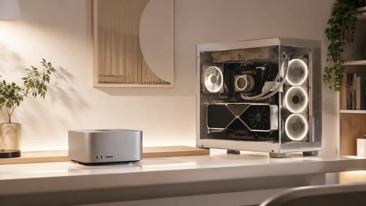 Clean split-composition product photograph showing a sleek Mac desktop computer on one side and a custom PC tower with visible RGB lighting on the other, both on a minimal desk setup