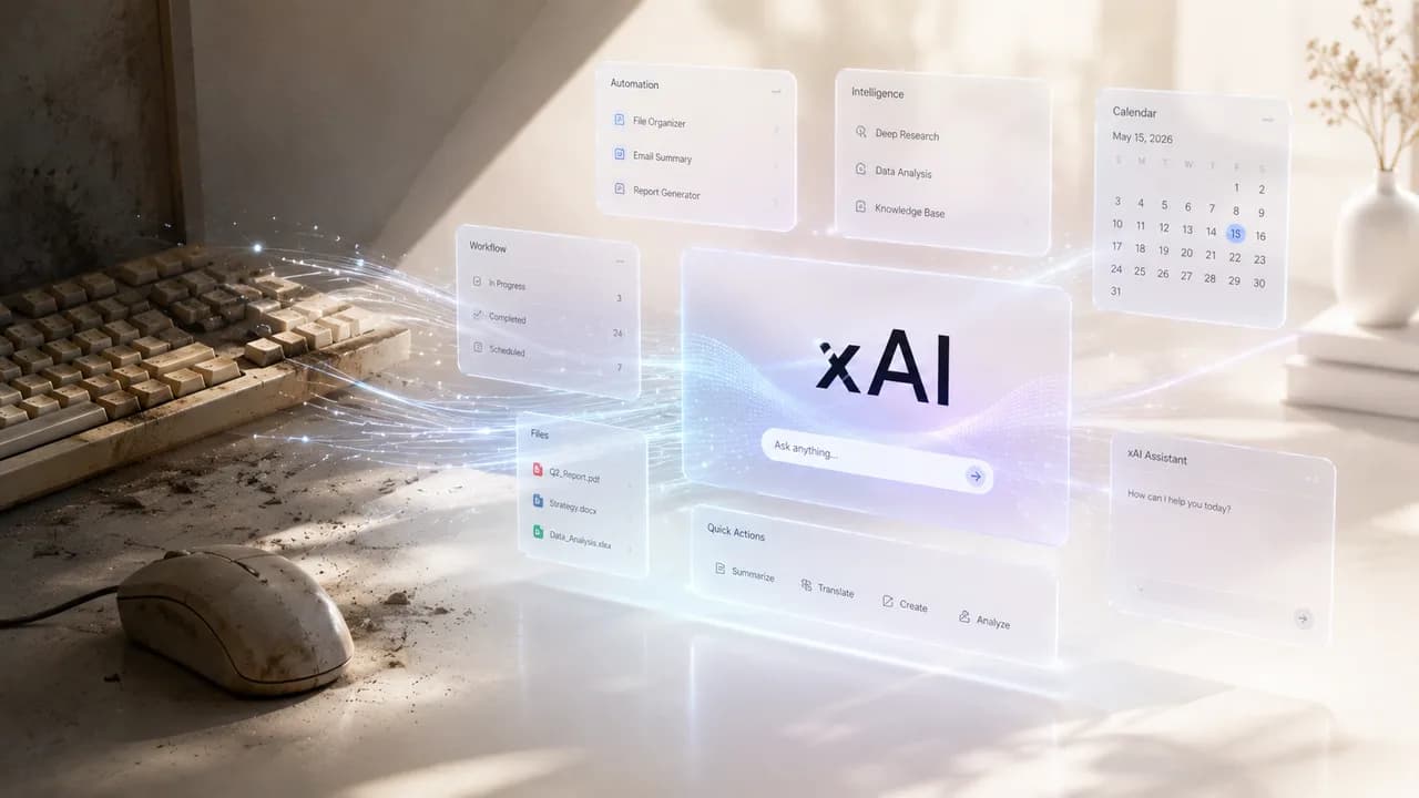 Vintage computer hardware fading into a luminous futuristic workspace with holographic AI interfaces and flowing digital light.